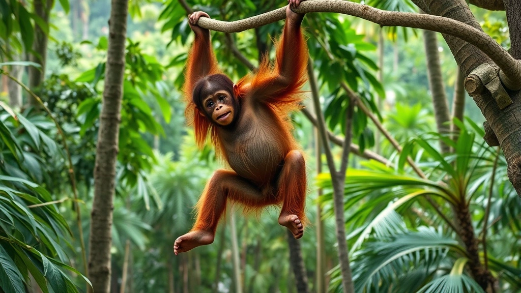 A young orangutan hanging from tree branches in a lush tropical forest, demonstrating playful climbing behavior and agility in its natural habitat.