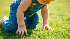 Toddler crawling on grass wearing denim overalls, sunny outdoor setting, natural lighting, focused on the child's movement and the protective knee area of the garment