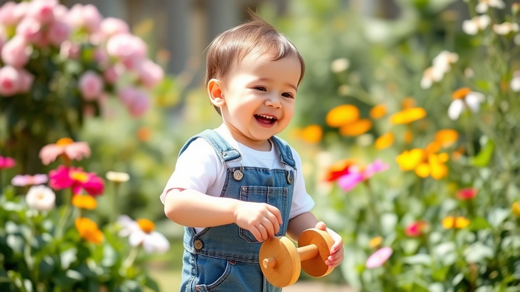 A toddler wearing denim overalls and a white t-shirt, standing in a sunny garden surrounded by blooming flowers, laughing while playing with a wooden toy, natural outdoor lighting