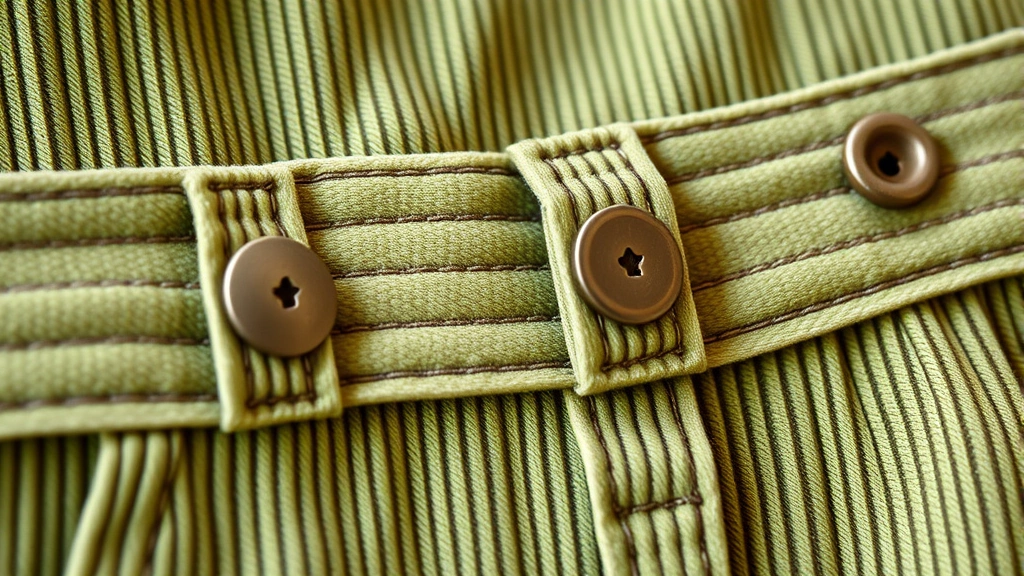 Close-up detail of adjustable overall straps and buttons on a quality corduroy overall in sage green, showing craftsmanship and construction details, soft natural lighting