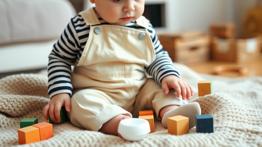 A baby in cream-colored canvas overalls and a striped long-sleeve shirt, sitting on a cozy knit blanket indoors, playing with building blocks, warm home setting