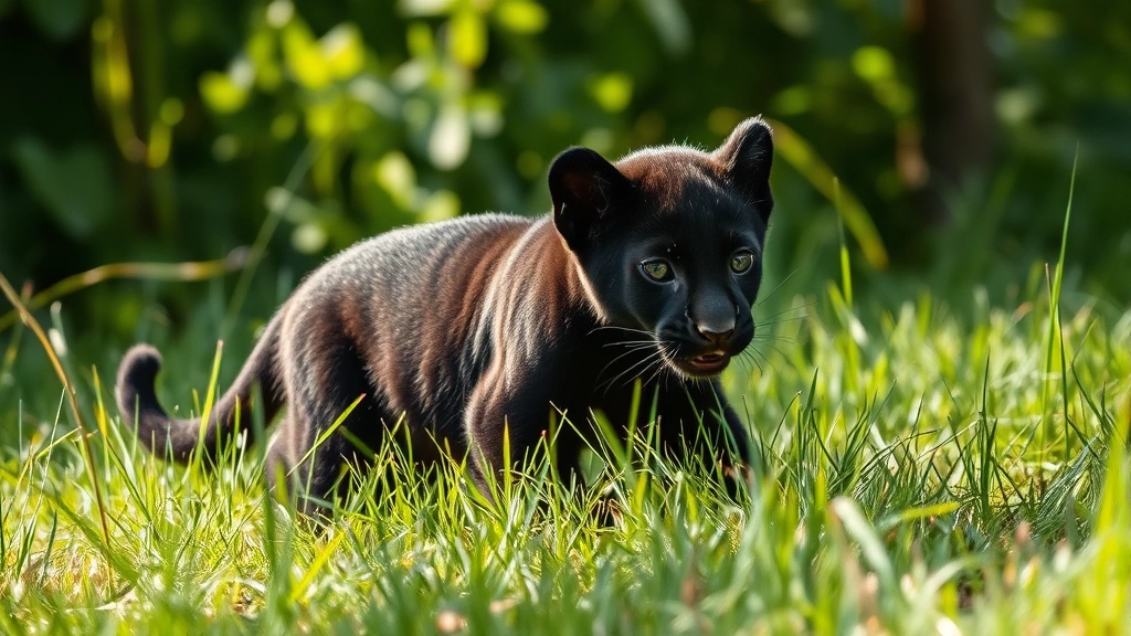A young black panther cub playing in tall grass with dappled sunlight filtering through trees, showing spotted coat pattern emerging from dark fur