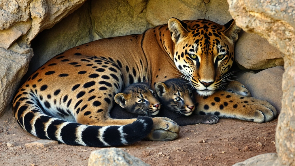 A mother panther resting with two cubs nestled against her in a rocky den, displaying protective maternal behavior and family bonding