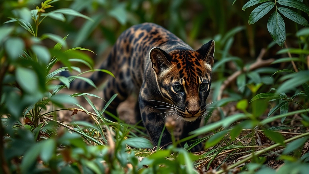 A teenage panther cub stalking through jungle vegetation with intense focus, practicing hunting skills in natural forest habitat