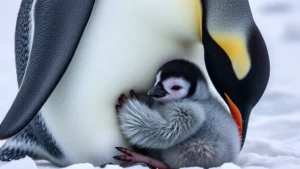 Emperor penguin chick huddled against parent in Antarctic snow, downy gray plumage visible, tender moment between parent and offspring