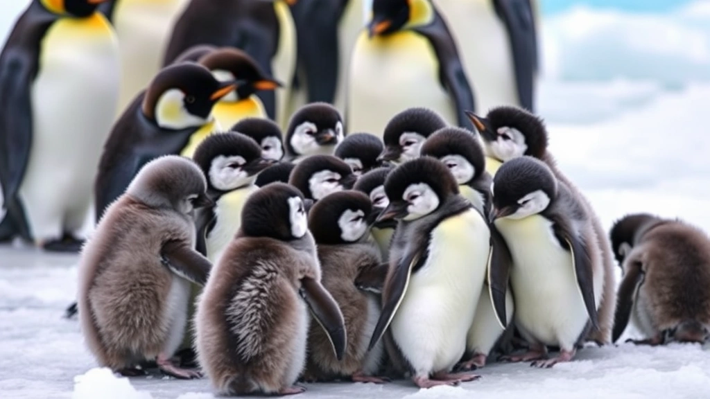 Group of penguin chicks gathered together in a creche on ice shelf, huddling for warmth, various poses showing playful interaction
