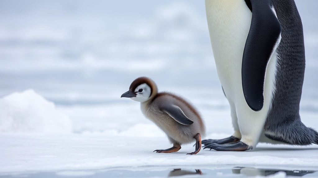 Single penguin chick waddling on ice with adult penguin nearby, showing size comparison and early independence stage of development