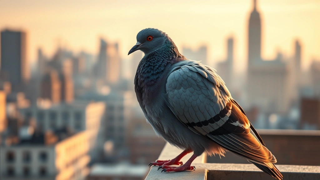 Close-up of adult pigeon perched on urban building ledge with city skyline blurred in background, warm afternoon light