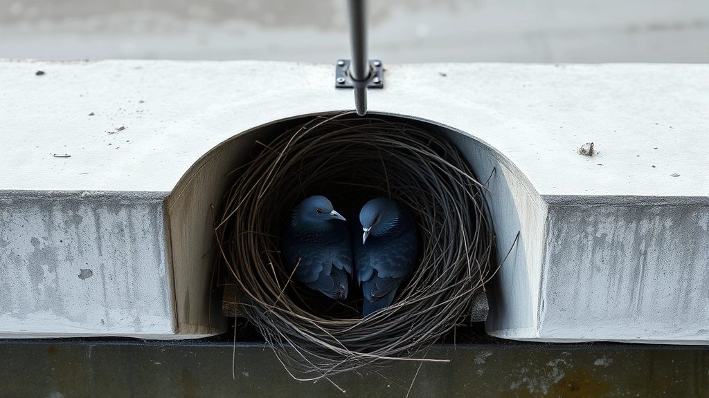 Overhead view of hidden nest tucked under concrete bridge beam with two adult pigeons visible, natural daylight filtering through