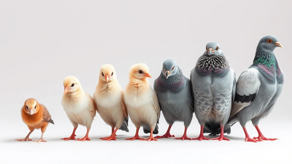 Sequence of five young pigeons at different growth stages from tiny chick to fully feathered juvenile, arranged left to right showing development progression