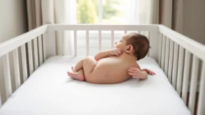 Peaceful newborn sleeping peacefully on their back in a minimalist crib with fitted sheet only, soft natural morning light through window, serene nursery setting