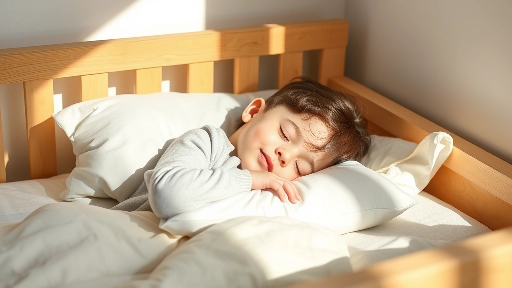 Happy toddler napping on a small firm pillow in a cozy toddler bed, afternoon sunlight, calm bedroom environment with neutral colors
