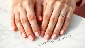 Close-up of perfectly manicured hands displaying soft baby pink nail polish, natural lighting, woman's hands relaxed on white marble surface