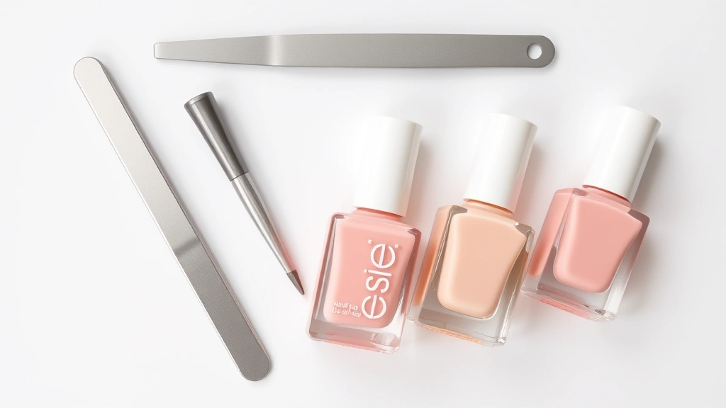 Flat lay arrangement of nail care tools including file, cuticle pusher, base coat, baby pink polish bottle, and top coat on white background