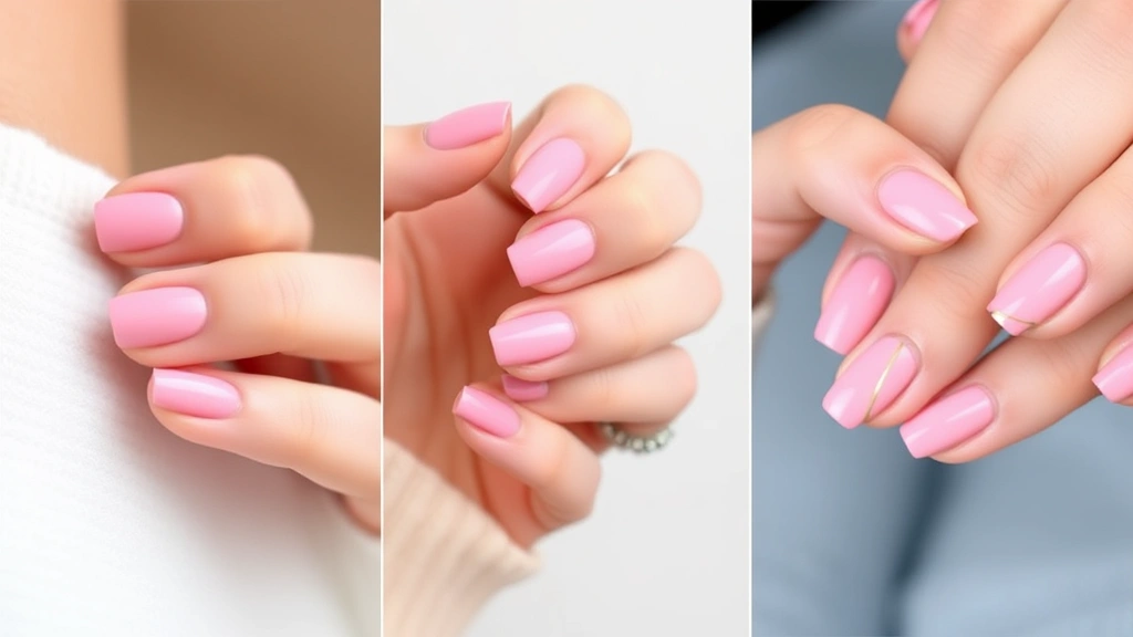 Side-by-side comparison of three different baby pink nail designs: solid color, French manicure variation, and minimalist gold line art on natural nails