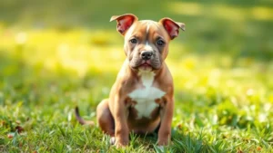 Young pitbull puppy sitting outdoors on grass, alert expression, natural sunlight, innocent and playful demeanor