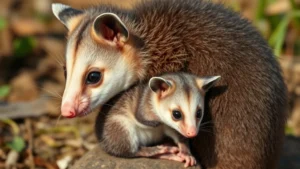 A mother possum with a tiny joey clinging to her fur and back, both looking alert and healthy in natural daylight, photorealistic wildlife photography