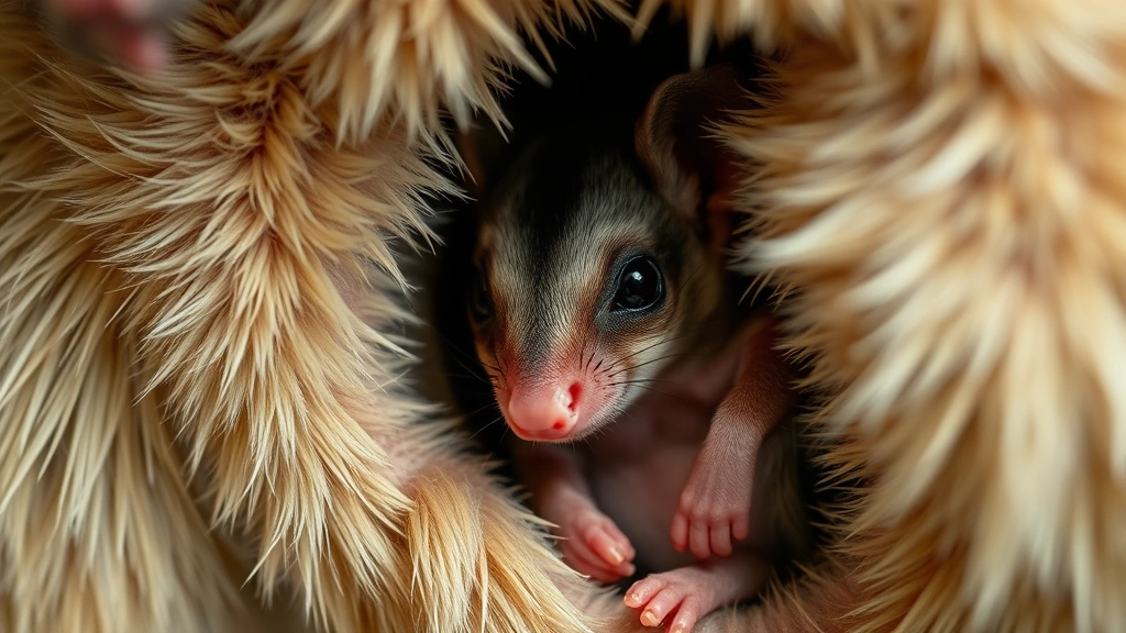 A close-up of a newborn joey inside a possum's pouch, showing the tiny marsupial's early development stage, warm and intimate family moment