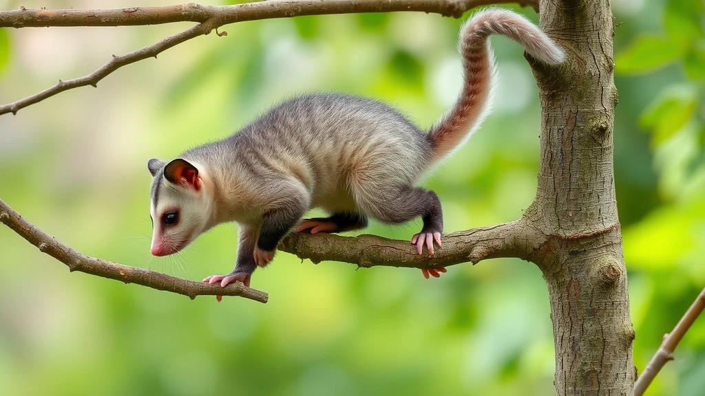 A juvenile possum climbing a tree branch using its prehensile tail for balance, demonstrating natural agility and climbing ability in outdoor setting