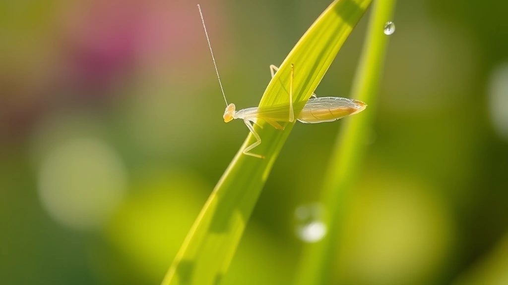 Tiny translucent nymph mantis clinging to a delicate green leaf, with morning dew droplets visible, against a soft blurred garden background