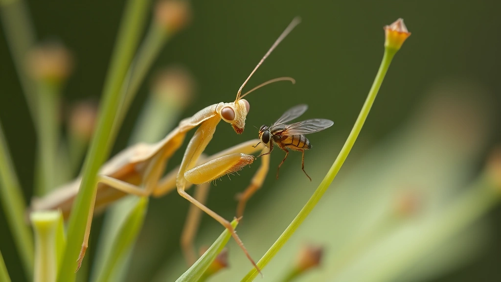 Close-up of a baby praying mantis stalking a small fruit fly among delicate plant stems, dynamic hunting pose, soft natural light, photorealistic insect behavior