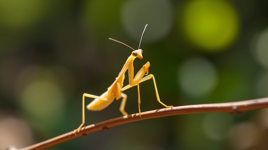 Close-up of a baby mantis in striking pose with front legs raised, perched on a thin branch with natural forest lighting and soft shadows