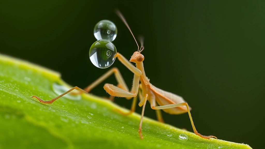 Baby praying mantis nymph drinking water droplet from a leaf surface, side profile view, macro photography style, showing moisture and detailed texture of the mantis body