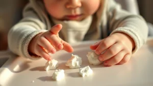 Close-up of tiny baby hands reaching for dissolving puffs on a high chair tray, soft natural lighting, focused expression