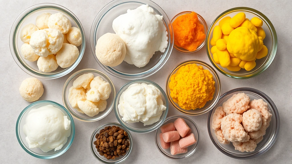 Overhead view of various baby puff varieties in small glass bowls showing different colors and textures, neutral background