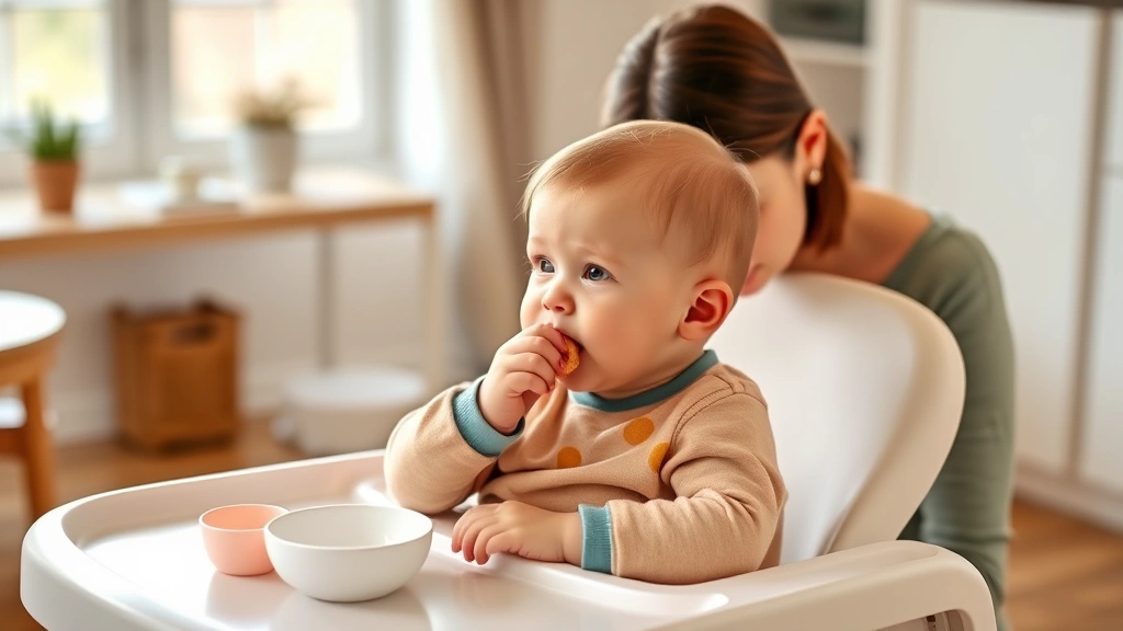 Baby sitting in high chair eating self-fed puffs, parent supervising nearby, warm home setting, natural daylight