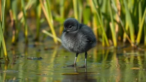Fluffy dark gray downy chick with large alert eyes and long legs standing in shallow wetland water surrounded by green reeds and aquatic vegetation, photorealistic style