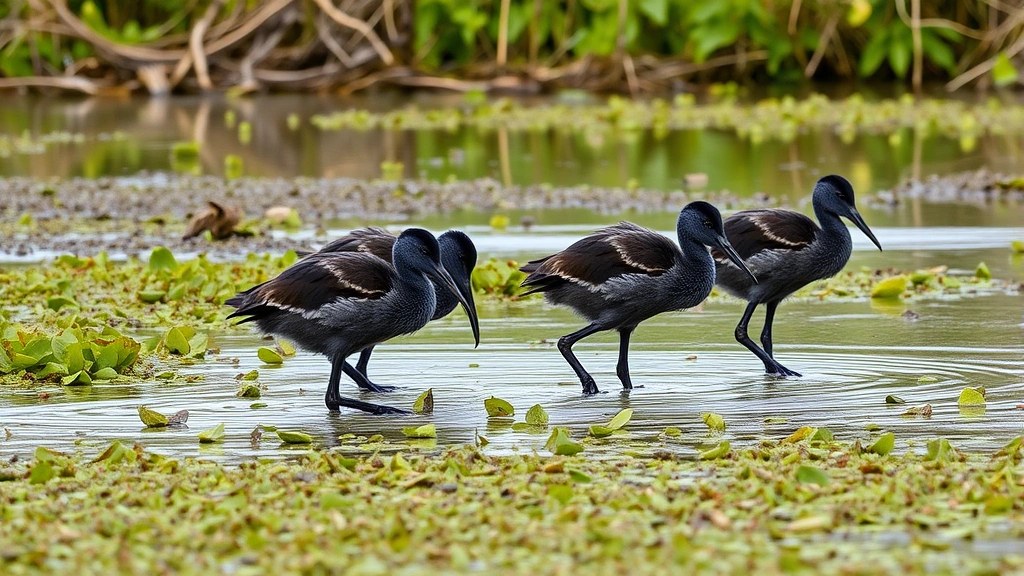 Group of juvenile pukekos with mottled dark and lighter plumage wading through shallow water together, foraging among water plants with natural wetland scenery in background