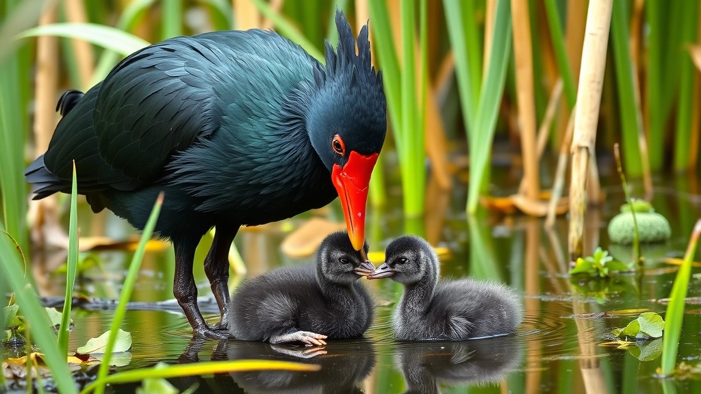 Parent pukeko with bright red facial shield feeding small invertebrate to young chick in marshy habitat with cattails and water plants, showing nurturing family interaction