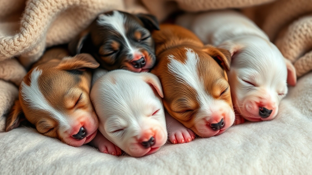 A litter of newborn puppies snuggled together sleeping, eyes closed, on soft blankets, photorealistic detail