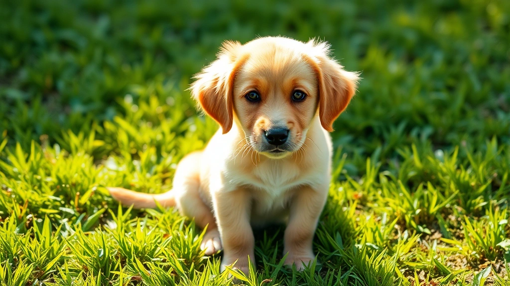 A young golden retriever puppy sitting attentively on green grass, looking directly at camera with bright, curious eyes and soft sunlight illuminating their coat