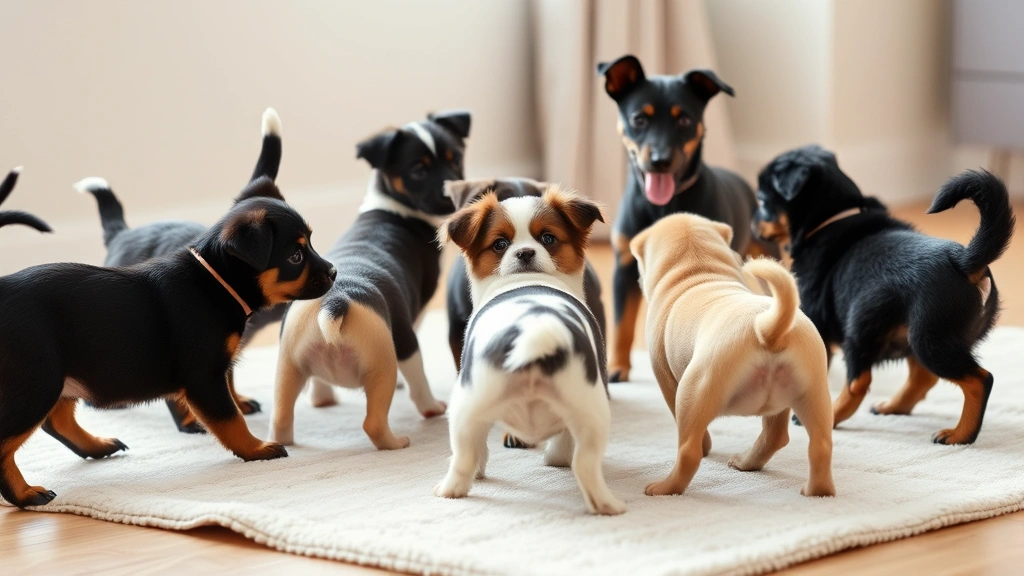 Multiple puppies of different breeds playing together on a soft play mat indoors, tails wagging and bodies in playful positions, natural daylight from window