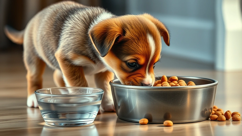 A young puppy eating from a bowl of puppy food with water nearby, indoors with soft lighting, realistic texture