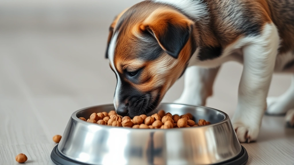 A puppy eating from a stainless steel food bowl filled with kibble, photographed from side angle showing healthy eating posture and focused expression