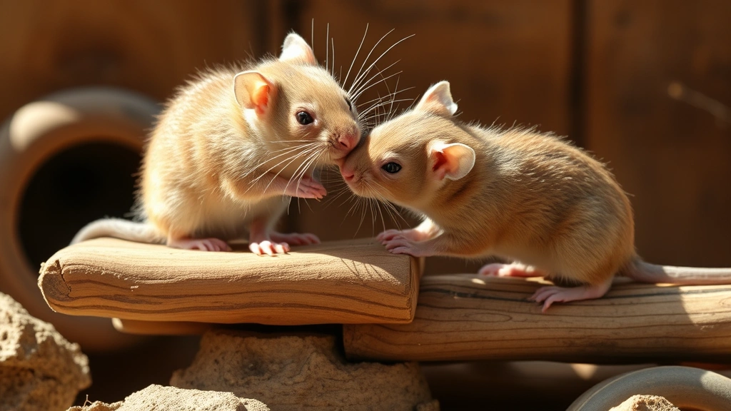 Young juvenile rats playing and wrestling together on wooden enrichment structures, fur visible, alert and active in natural daylight