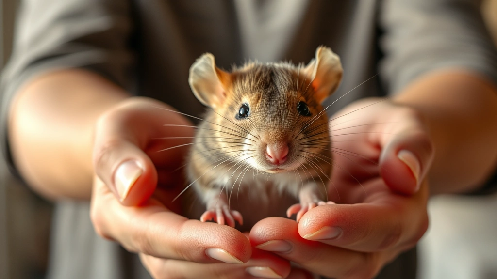 Adult rat gently held in human hands showing calm demeanor, soft fur texture clearly visible, warm indoor lighting creating safe comfortable atmosphere