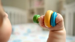 Close-up of an infant's hand grasping a colorful wooden rattle with gentle focus, soft natural lighting, peaceful nursery background