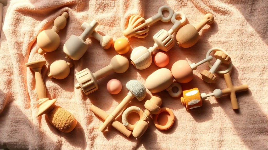 Overhead view of various baby rattles arranged on a soft pastel blanket, diverse shapes and textures visible, warm sunlight filtering through