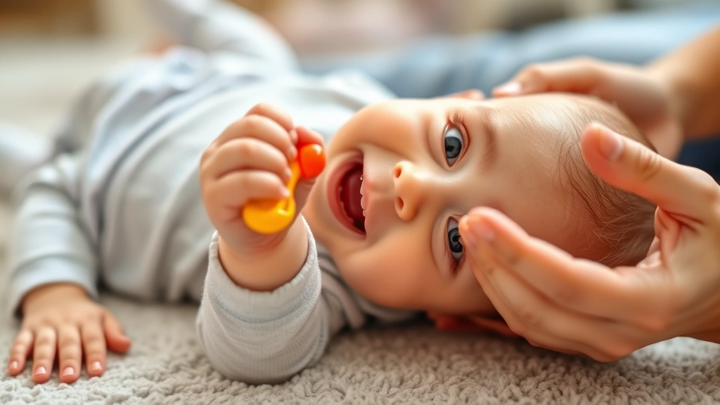 Happy baby lying on tummy during playtime, shaking a bright rattle with concentrated expression, parent's hands visible offering encouragement nearby