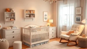 Peaceful nursery with soft crib, comfortable glider chair, and warm lighting, showing organized storage and calm aesthetic