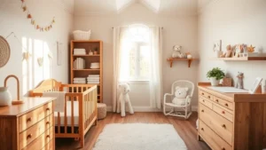 Peaceful nursery with soft natural lighting, crib with white bedding, wooden furniture, and organized shelving with baby items, warm neutral tones