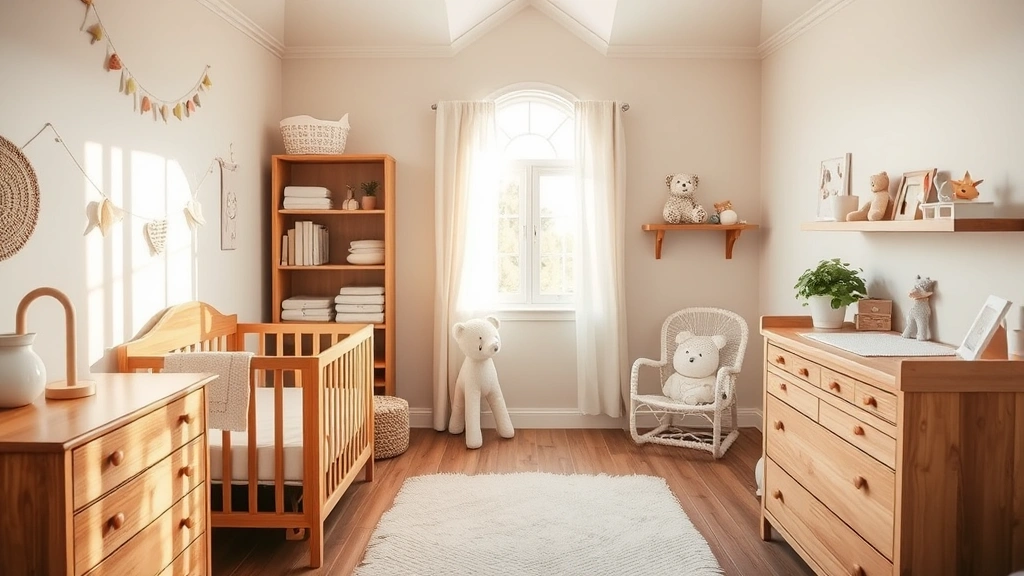 Peaceful nursery with soft natural lighting, crib with white bedding, wooden furniture, and organized shelving with baby items, warm neutral tones