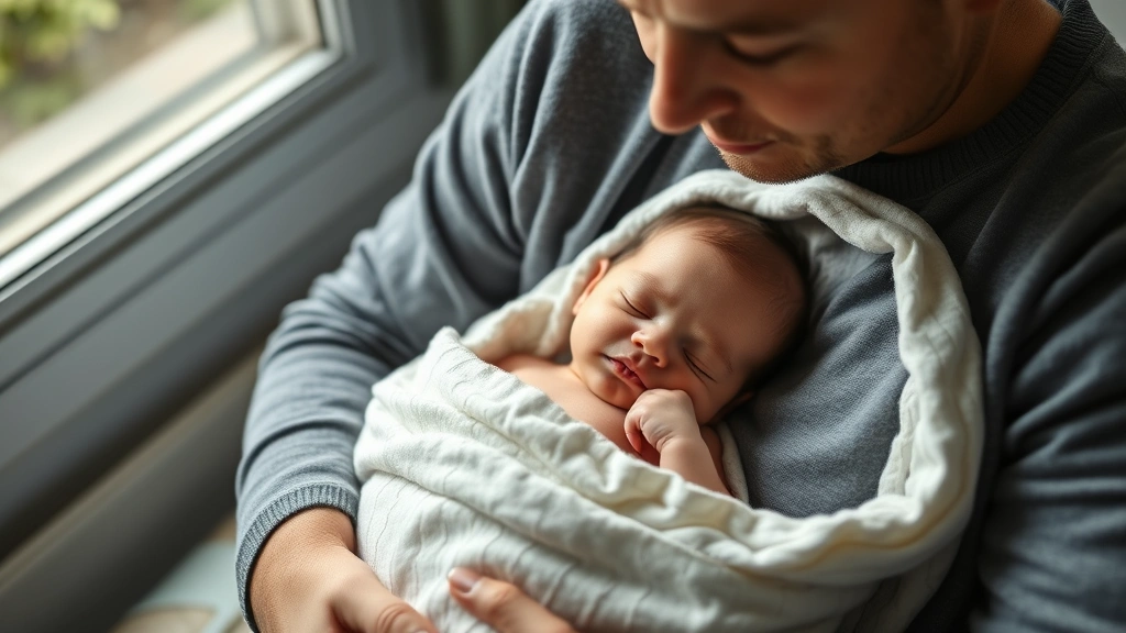 Parent holding sleeping newborn in cozy sleep sack, soft natural lighting through window, intimate bedtime moment