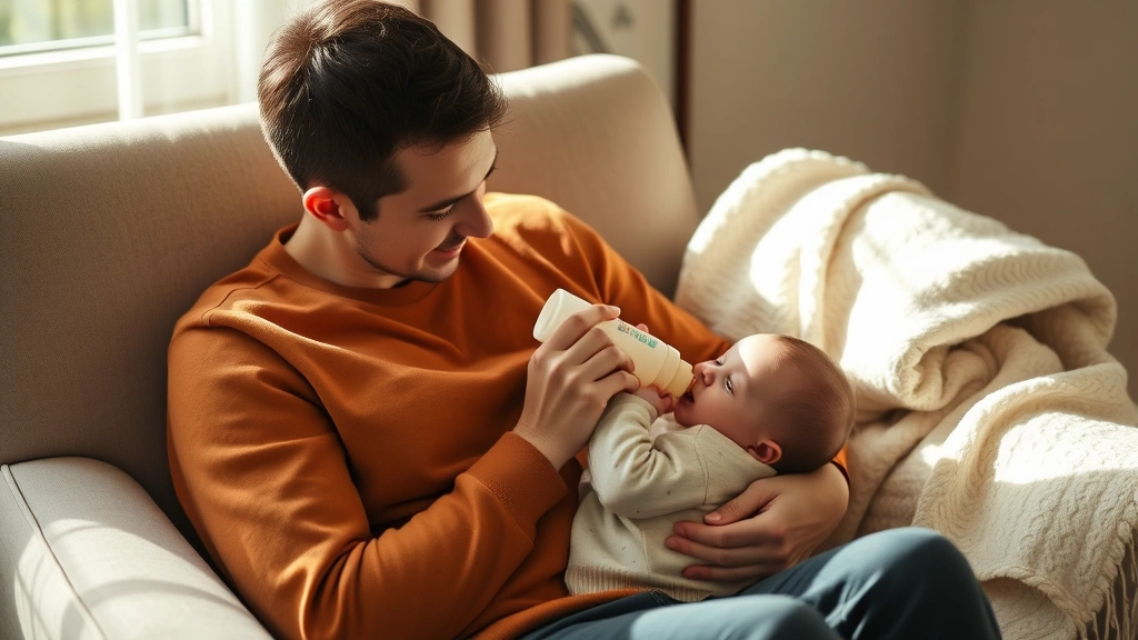 Parent feeding baby with bottle in comfortable chair, soft blanket nearby, warm home lighting, peaceful bonding moment