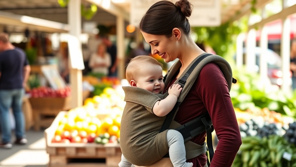 Parent carrying baby in structured carrier while shopping at farmers market, sunny outdoor setting with natural lifestyle scene