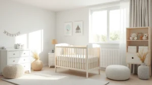 Peaceful nursery with crib, soft lighting, white bedding, and minimal decor, photorealistic style